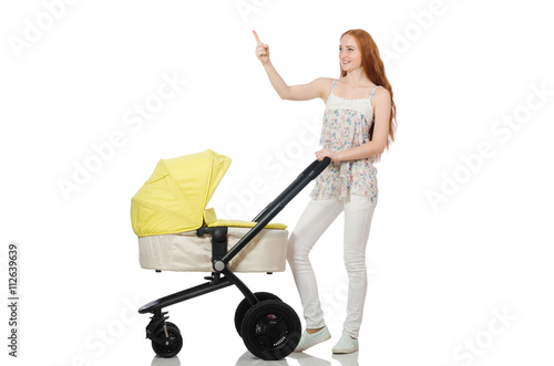 Woman with baby and pram isolated on white