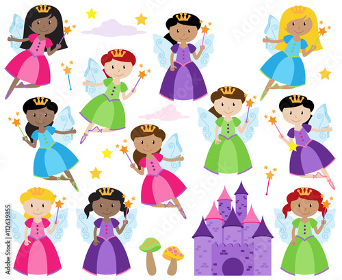 Vector Set of Cute Fairies with a Fantasy Castle