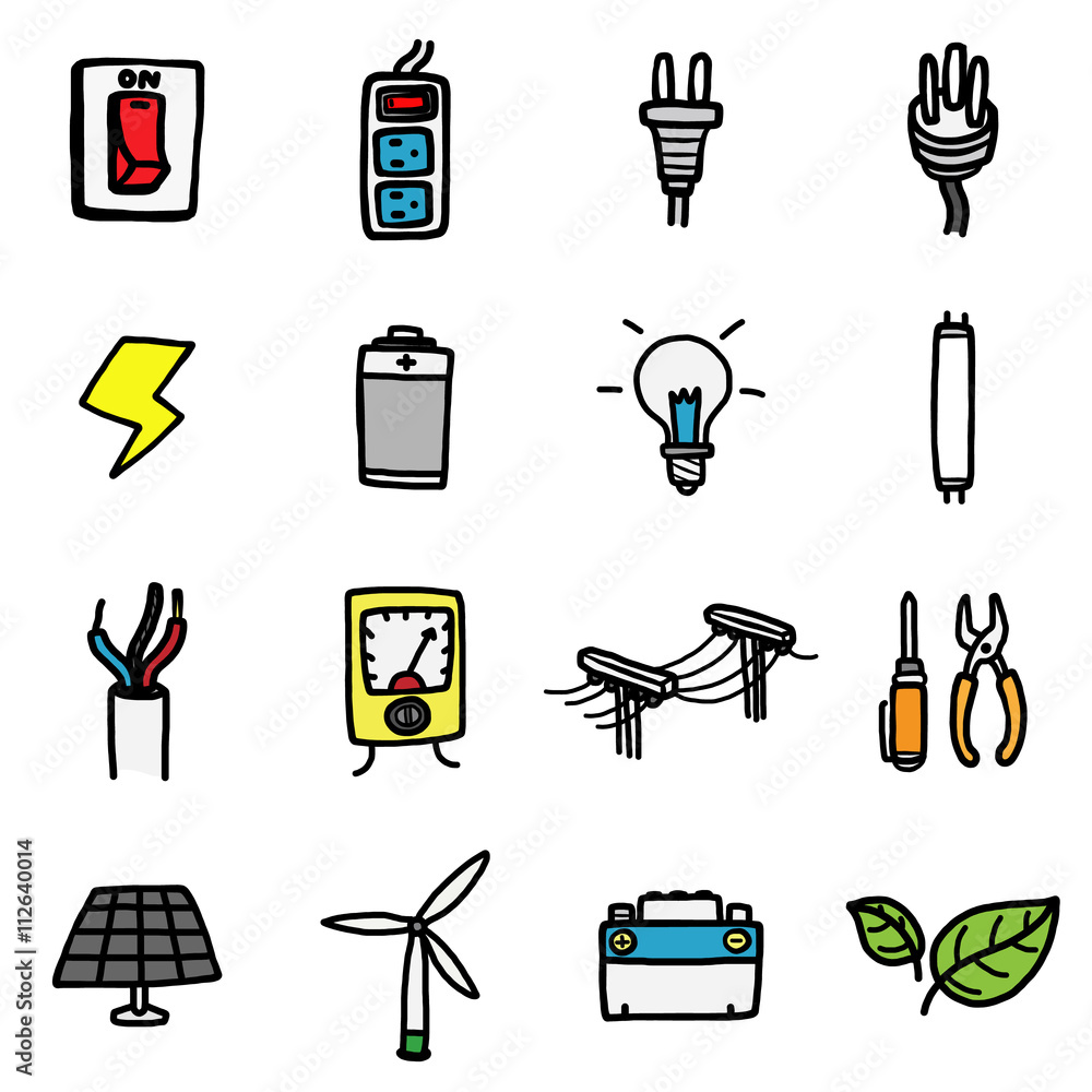 power and electrical objects or icons set/ cartoon vector and illustration,  hand drawn style, isolated on white background. Stock Vector | Adobe Stock