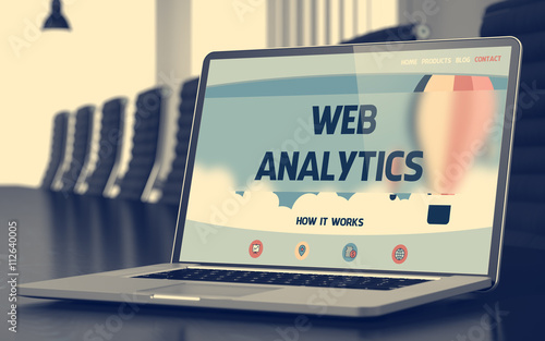 Web Analytics. Closeup Landing Page on Mobile Computer Display. Modern Conference Hall Background. Blurred Image. Selective focus. 3D Rendering.