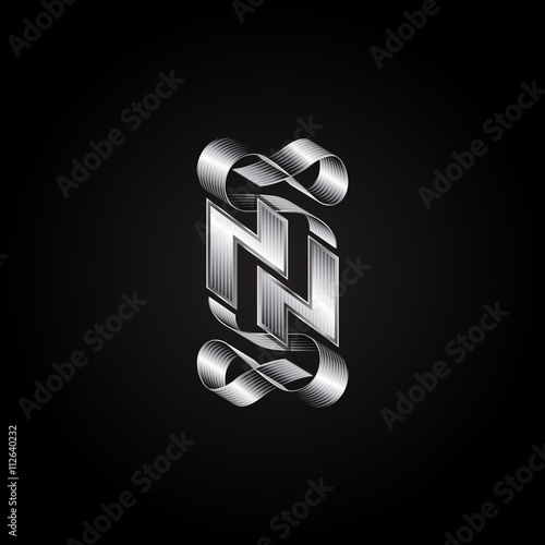Silver heraldic monogram double letter N with ribbons. Vector golden initials logo design for wedding greeting card and premium business cards.