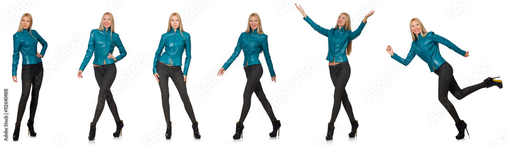 Pretty woman in blue leather jacket isolated on white Pretty woman in blue leather jacket isolated on white