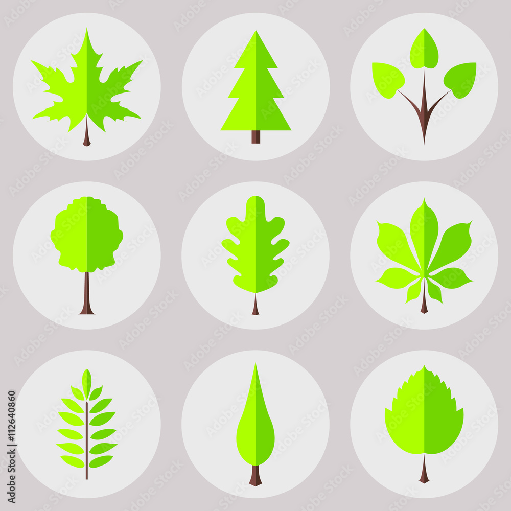 The set of nature icons, The set of icons with simple nature shapes: trees and leaves, flat design
