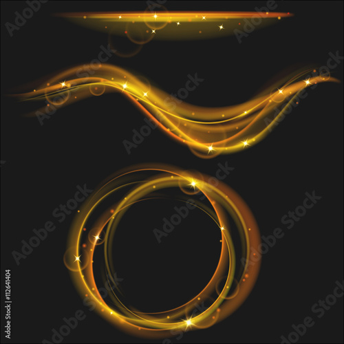 Golden glowing fire rings and waves with glitter. Light effects