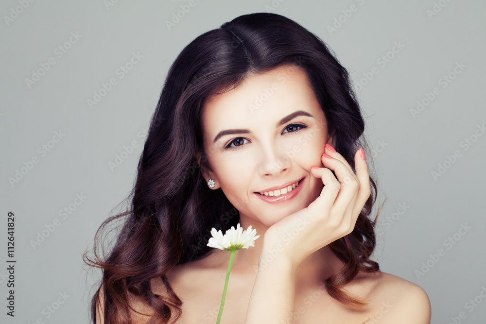 Smiling Woman with Healthy Hair. Wavy Hairstyle and Clear Skin Smiling Woman with Healthy Hair. Wavy Hairstyle and Clear Skin