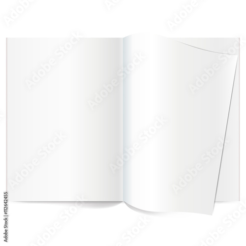 Vector blank magazine spread. Book Spread With Blank White Pages. Curled corner of paper with shadow. Template magazine spread. Curled corner of paper with shadow on transparent background