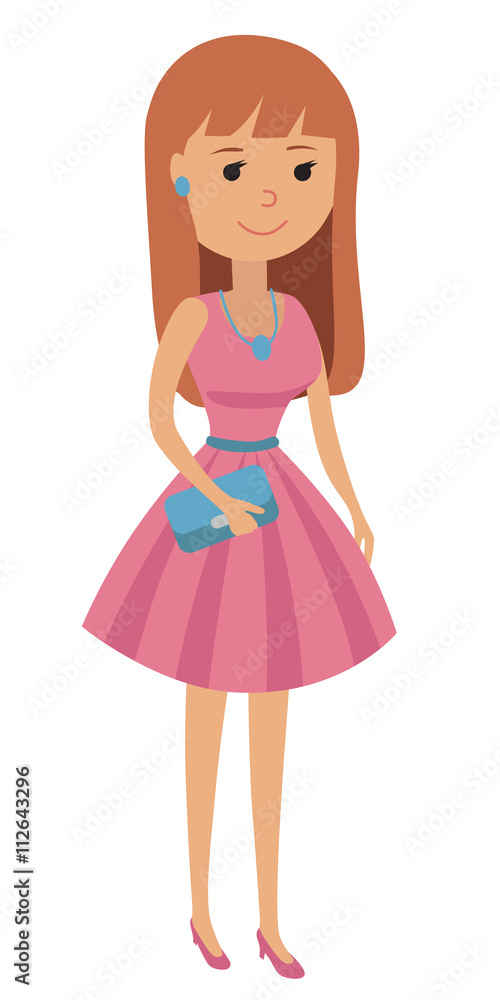 Vector illustration of a teenage girl dressed on pink for prom. Young woman in festive clothes. Vector illustration of a teenage girl dressed on pink for prom. Young woman in festive clothes.
