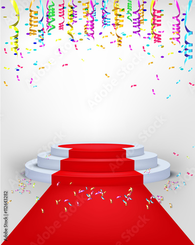 winner podium confetti with red carpet. Vector party festival illustration
