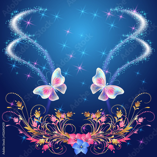 Fototapeta Transparent butterflies with floral ornament and firework