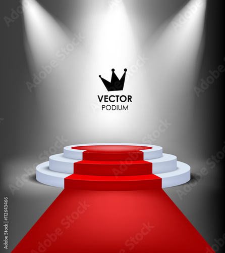Vector king winner podium with red carpet. Highlighted event illuminated stage
