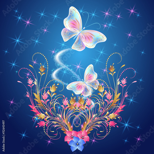 Fototapeta Transparent butterflies with floral ornament and firework