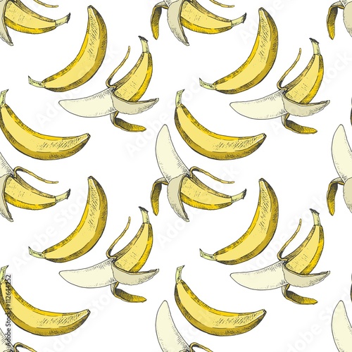 Vector seamless pattern of repeating banana fruit. Color yellow season vegetarian food hand drawn illustration.