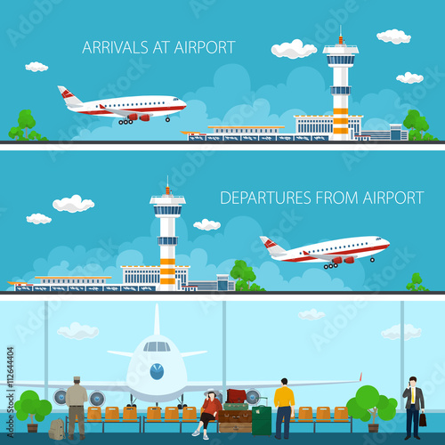 Airport Horizontal Banners, Arrivals at Airport, Departures from Airport, a Waiting Room with People, Travel Concept, Flat Design, Vector Illustration