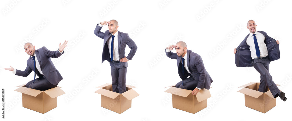 Collage of photos with man and boxes Collage of photos with man and boxes