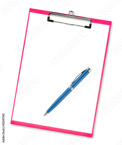 blue pen on red clipboard with paper on white background
