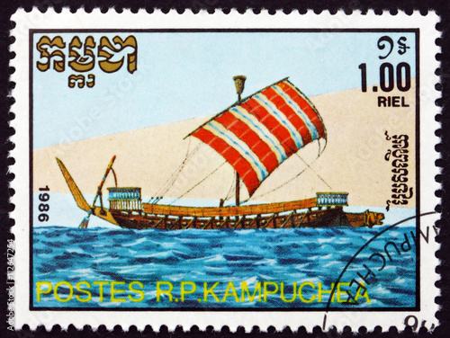 Postage stamp Cambodia 1986 Galley, Old Sailing Ship