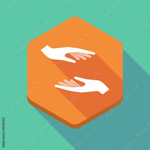 Long shadow hexagon icon with two hands giving and receiving o