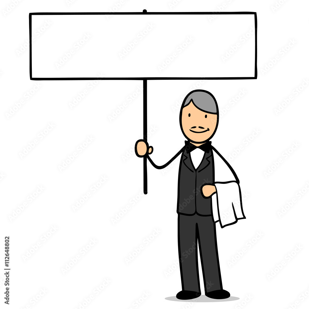 Cartoon Kellner hält leeres Schild hoch Cartoon Kellner hält leeres Schild hoch