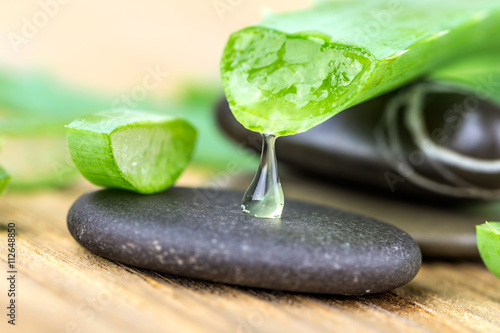 Aloe on a wooden background with stones