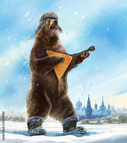 Grotesque (caricature) character. Drunk and furious bear with a balalaika is wearing a soldier cap. Comic image of Russia and the USSR. Propaganda cliche. photo