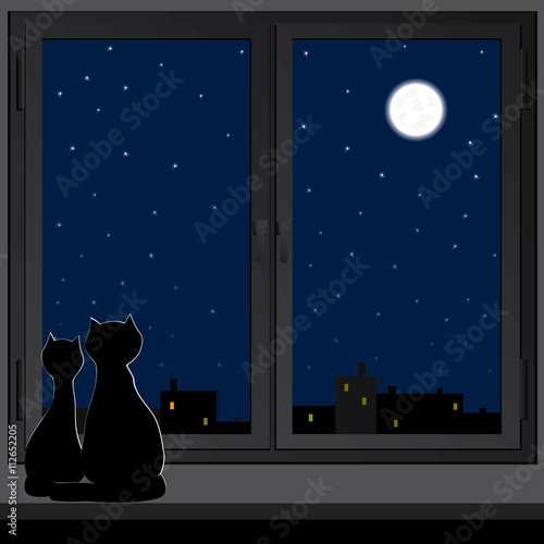 Two cats sitting on a windowsill and look at the moon.