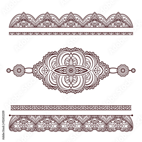 Set of henna tattoo border ornaments on white