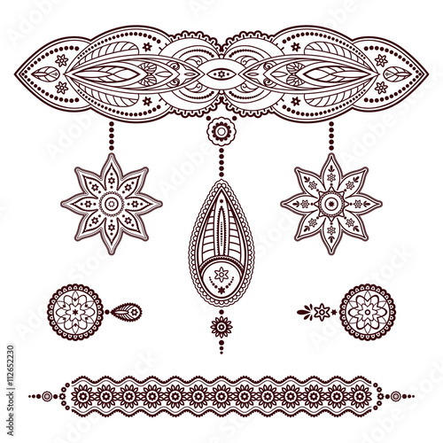Blangle with pendants, set of henna tattoo ornaments on white