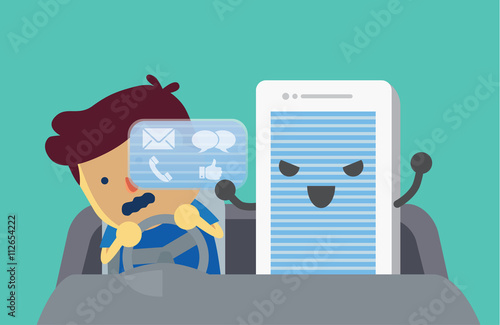 Mobile phone using screen obstruct views of man during driving. This illustration describe to using smartphone during driving may cause an accident.