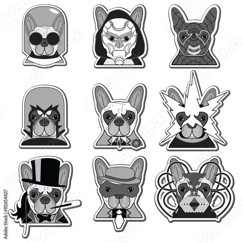 Villains Anti Heroes  French Bulldogs icons label style in black , white and gray 	

