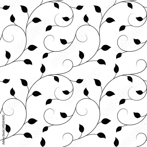 vector illustration, seamless pattern, decorative black and white curly ivy branches with leaves