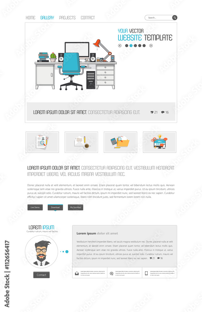 Clean Flat White Website Template. Vector illustration.

