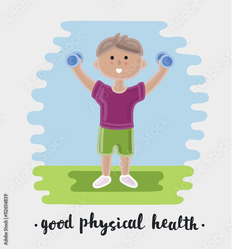 Boy physical exercises with dumbbells