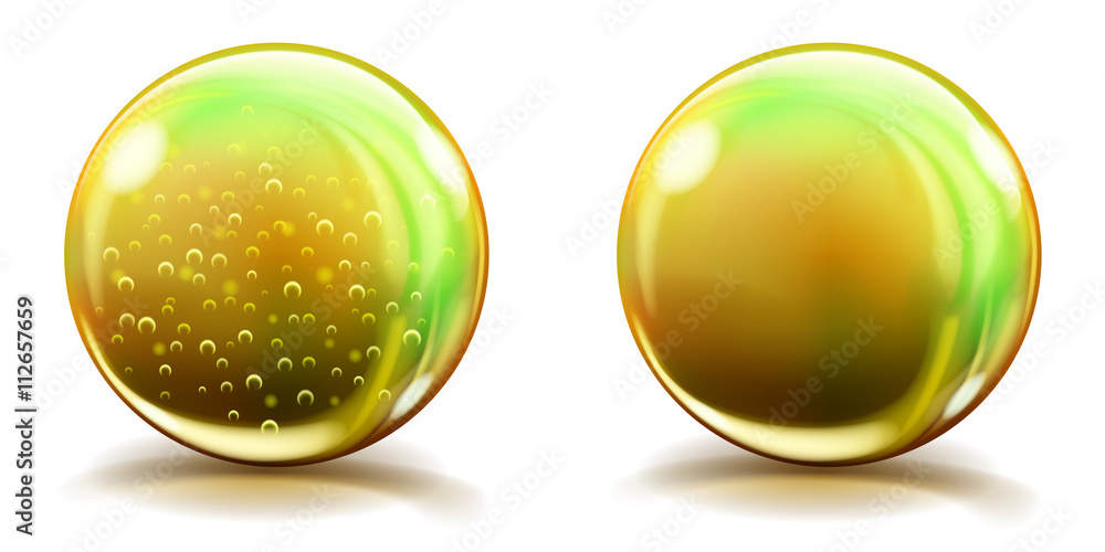 Two big yellow glass spheres with air bubbles and without, and with glares and shadows. Transparency only in vector file Two big yellow glass spheres with air bubbles and without, and with glares and shadows. Transparency only in vector file