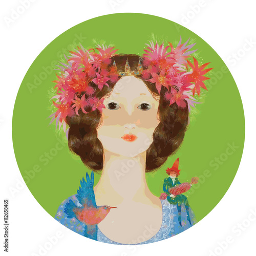 Fairy princess girl with elf. Composition in a circle.