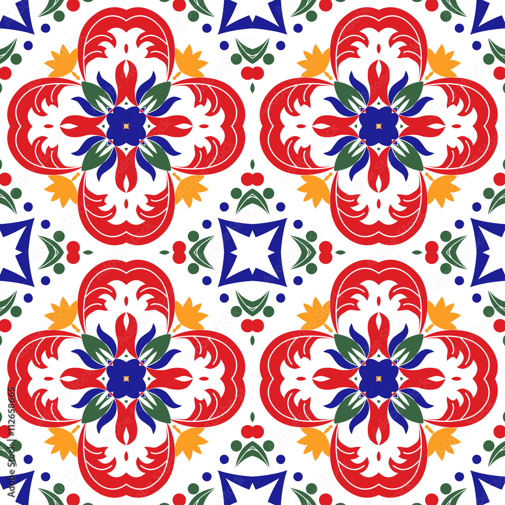 Naklejka premium Mexican stylized talavera tiles seamless pattern. Background for design and fashion. Arabic, Indian patterns