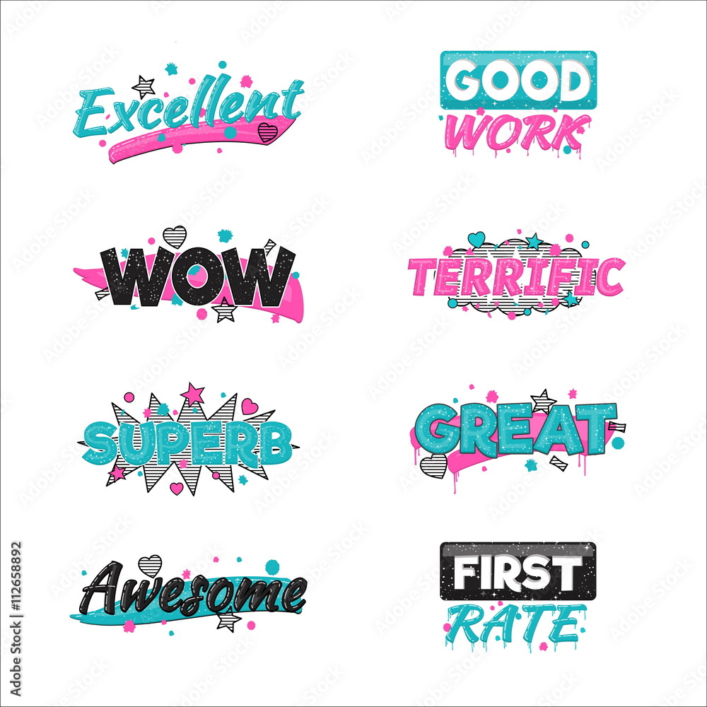 A collection of artistic encouragement achievement badge stickers to praise good work and perfect results. Can be used for educational purposes and just for fun.