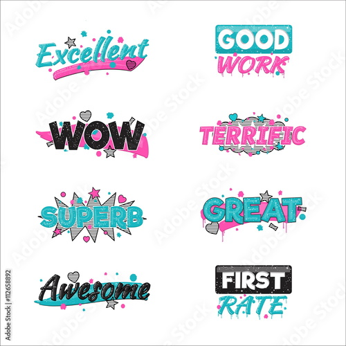 A collection of artistic encouragement achievement badge stickers to praise good work and perfect results. Can be used for educational purposes and just for fun.