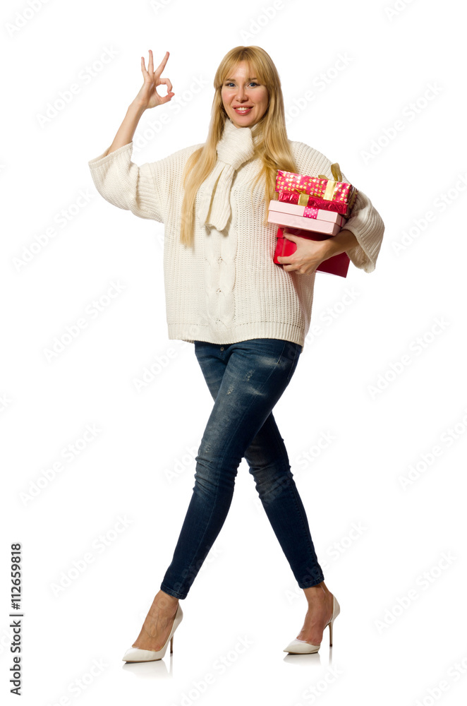 Woman with giftboxes isolated on white Woman with giftboxes isolated on white