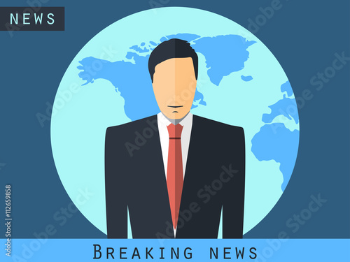 Anchorman sitting at the desk. Breaking news, studio reporter. Anchorman broadcast news. The news announcer.