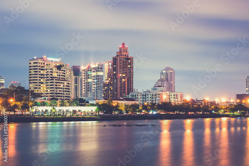 Bangkok city downtown at night with reflection of skyline  Bangk