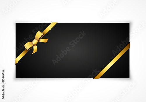 Black card background with gold ribbon, gift with copy space