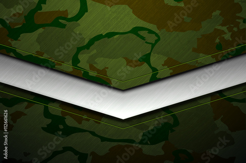 Green camouflage metal army background with damaged military disguise grunge texture. Vector scratched surface and stainless steel line.