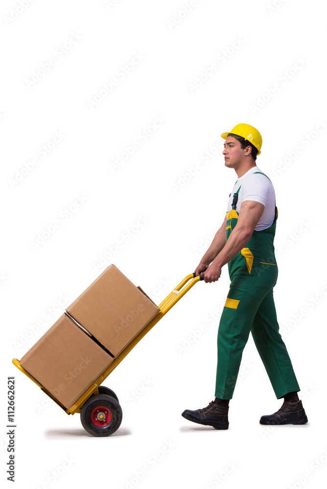 Man moving boxes isolated on the white background Man moving boxes isolated on the white background