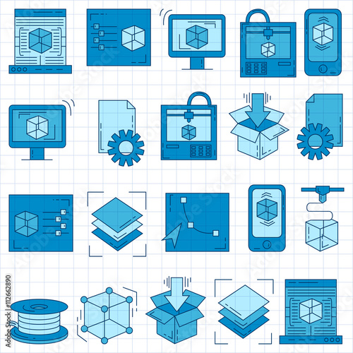 Vector doodle icons 3d printing