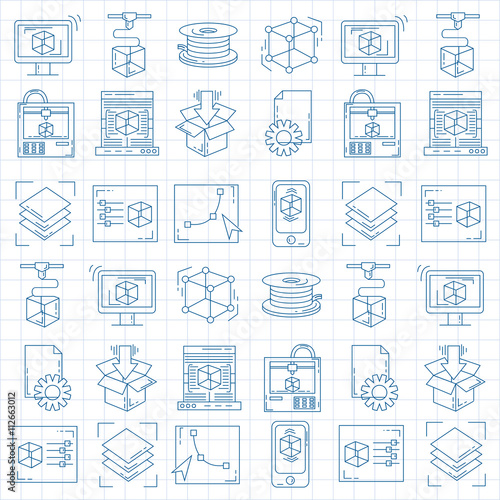 Vector doodle icons 3d printing