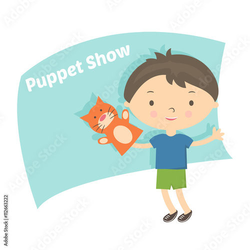 Illustration small boy with hand puppet toy. Vector