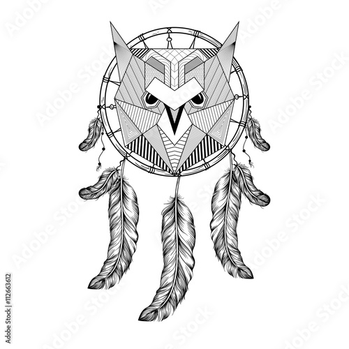 Hand drawn zentangle Owl Bird on Dream catcher with feathers for