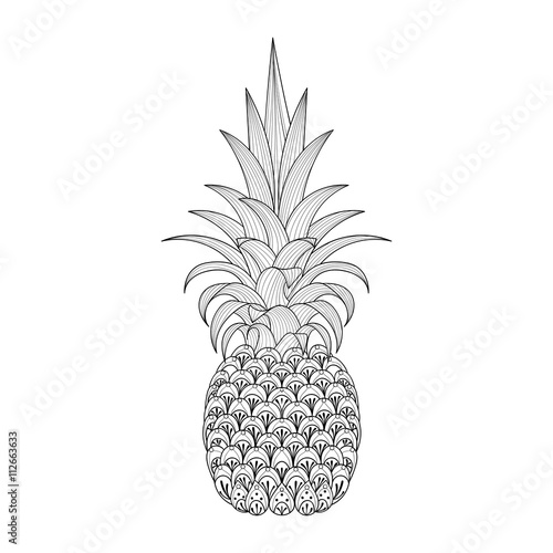 Hand drawn ornate Pineapple, zentangle tribal exotic fruit for a
