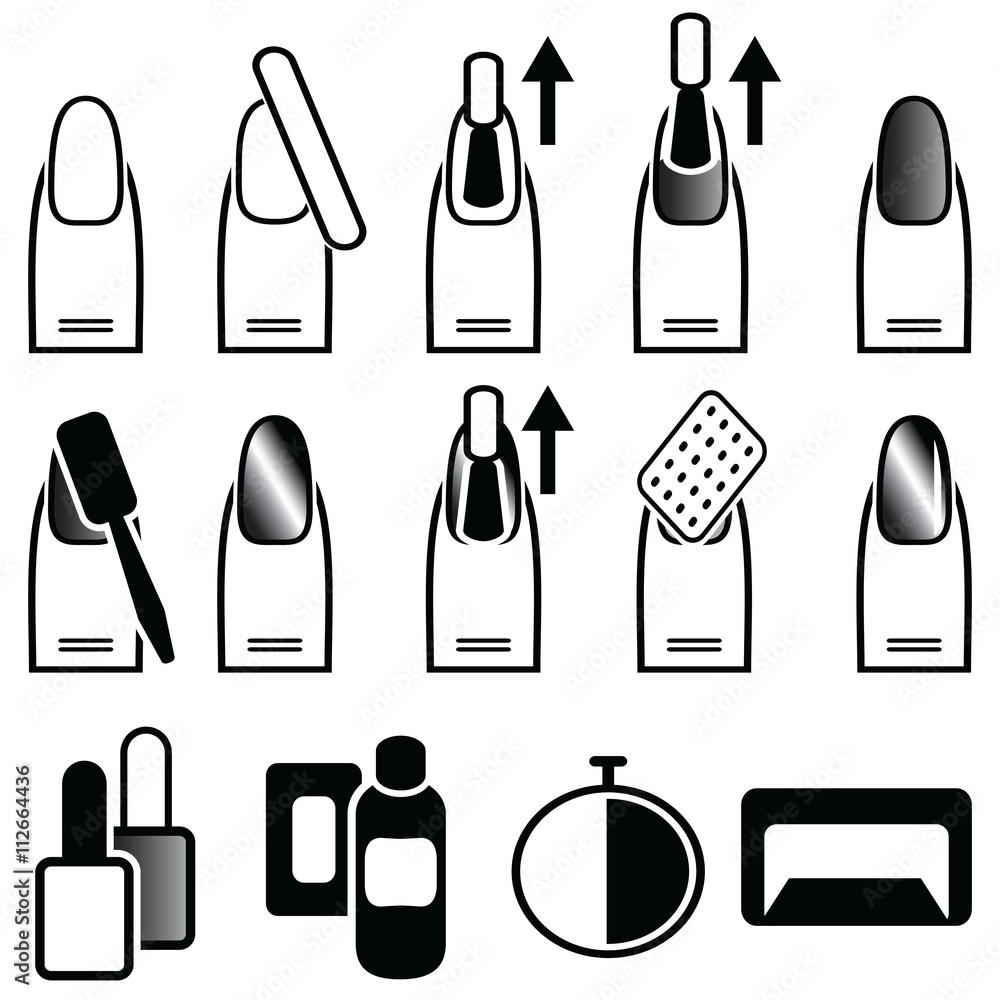 Fototapeta premium Female gel & hybrid manicure with cat eye effect , nail polish with use of magnetic polish and magnetic plate in black an white icons set 