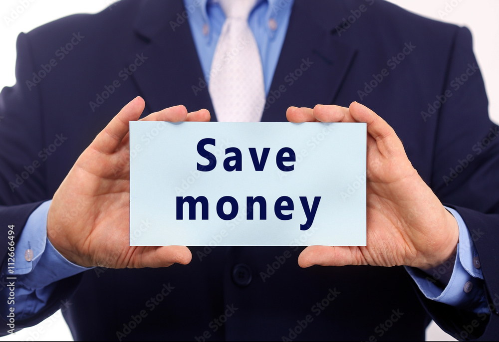 Business man hold paper save money text on it Business man hold paper save money text on it